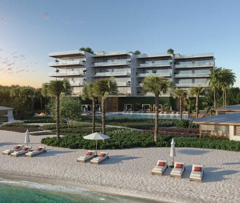 sage longboat key exterior rendering on beach with cabanas